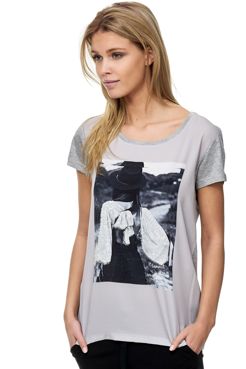 T-Shirt mit GmbH - – Aufdruck und Damenmode Decay Modevertrieb Decay coolem- Pailletten.