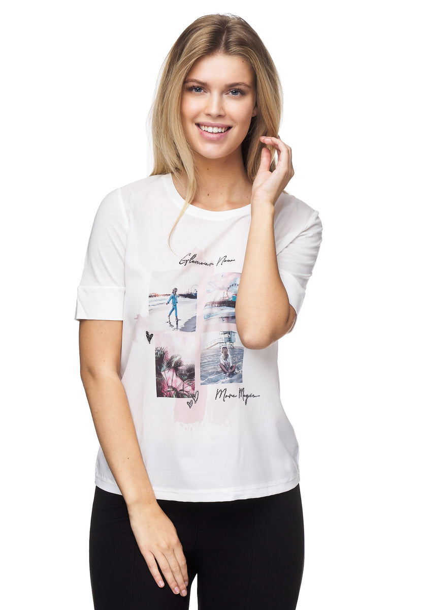 GmbH und T-Shirt Pailletten-Schriftzug – - mit Modevertrieb Cooles Decay schönen Sommerfarbe Damenmode Decay