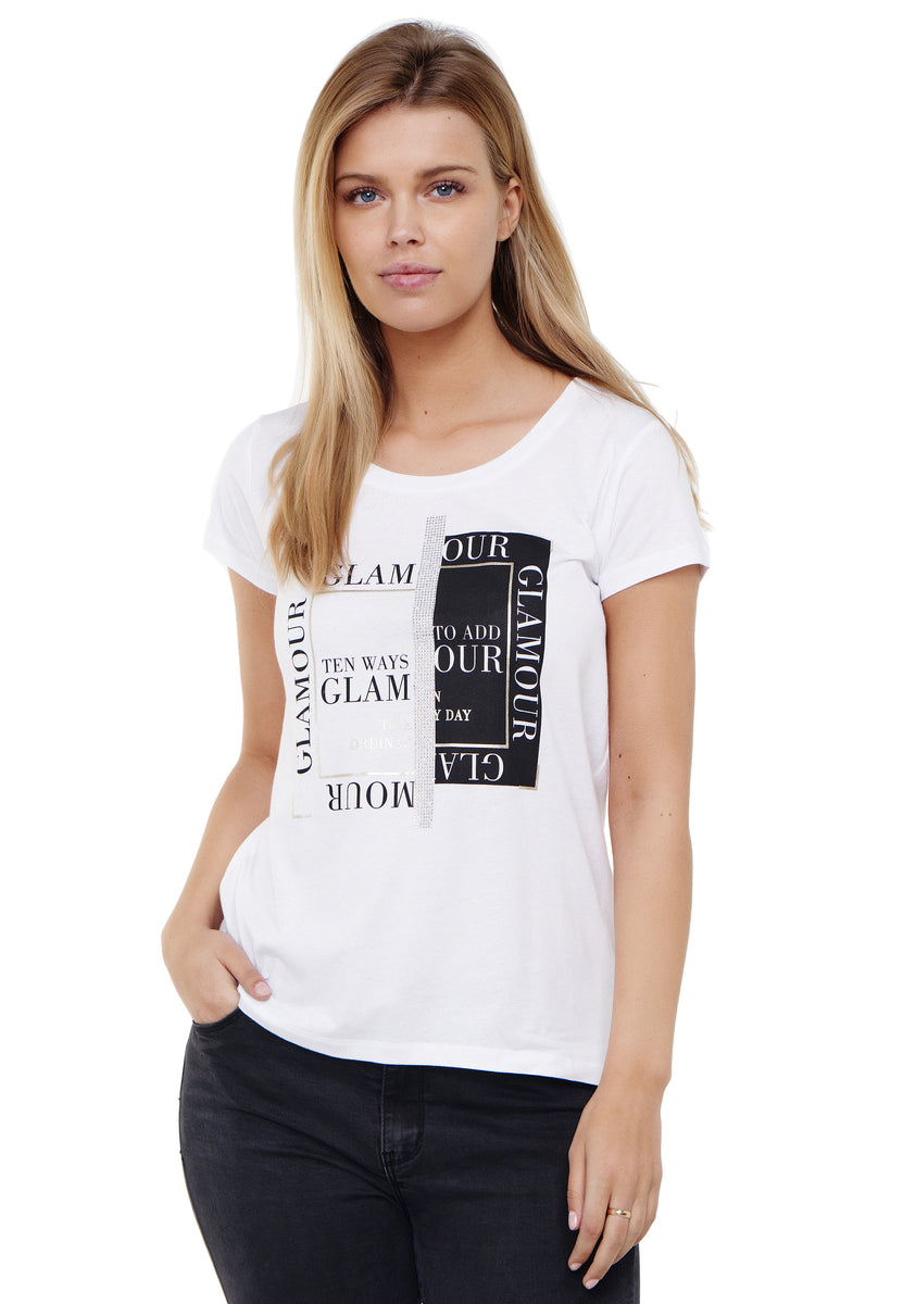 Glitzerdruck Aufdruck, und - – GmbH Modevertrieb Damenmode T-shirt goldfarbenen Decay Decay Strasssteinen mit GLAMOUR-
