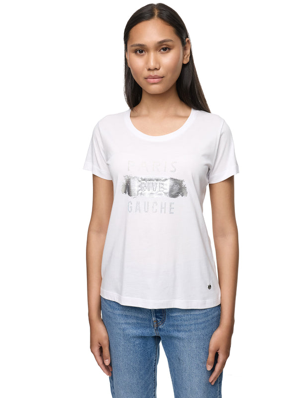 Decay Damen T-Shirt mit „Paris Gauche“-Schriftzug aus funkelnden Strasssteinen – Glitzer-Look mit Rundhals