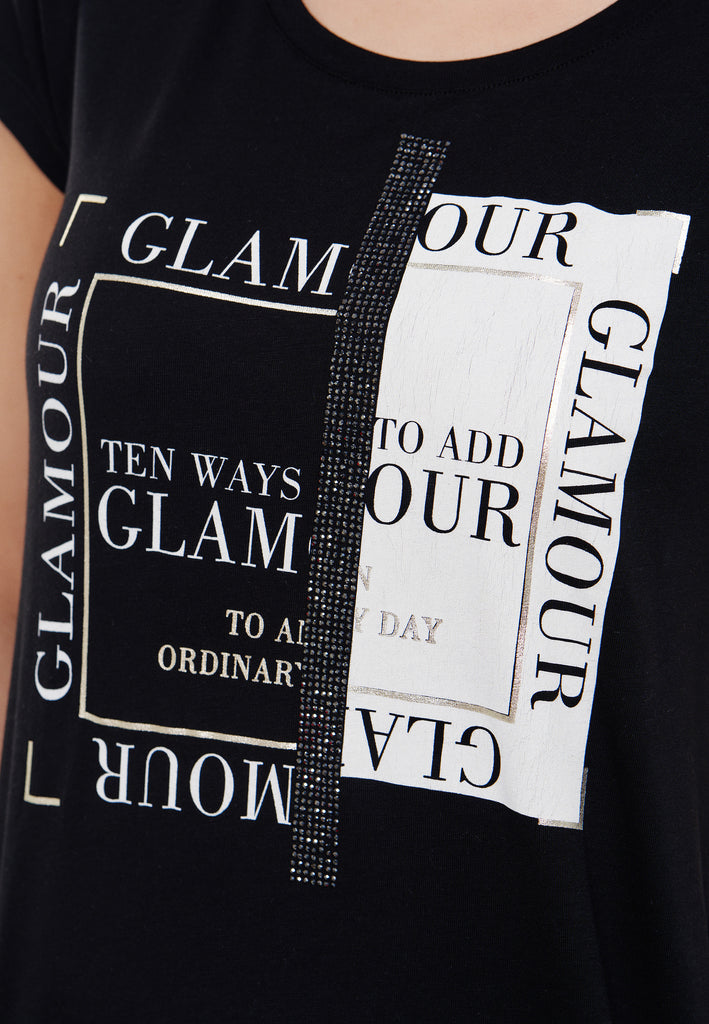 GLAMOUR- Decay und Modevertrieb Aufdruck, Decay Strasssteinen GmbH T-shirt Damenmode Glitzerdruck – goldfarbenen - mit