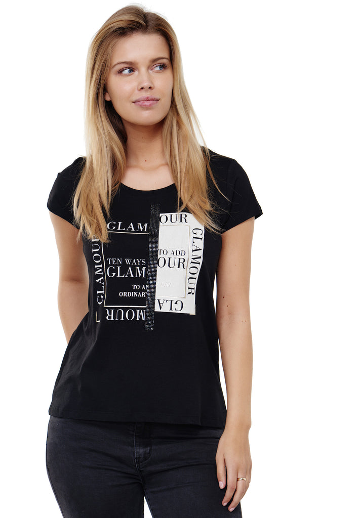 Decay T-shirt mit GLAMOUR- Aufdruck, Strasssteinen und goldfarbenen  Glitzerdruck – Decay Modevertrieb GmbH - Damenmode