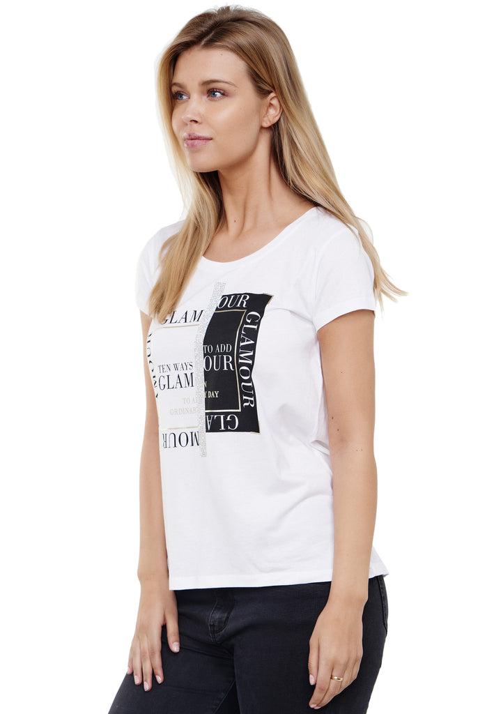 - Aufdruck, Decay und Glitzerdruck GmbH GLAMOUR- Damenmode T-shirt Strasssteinen Modevertrieb Decay goldfarbenen – mit