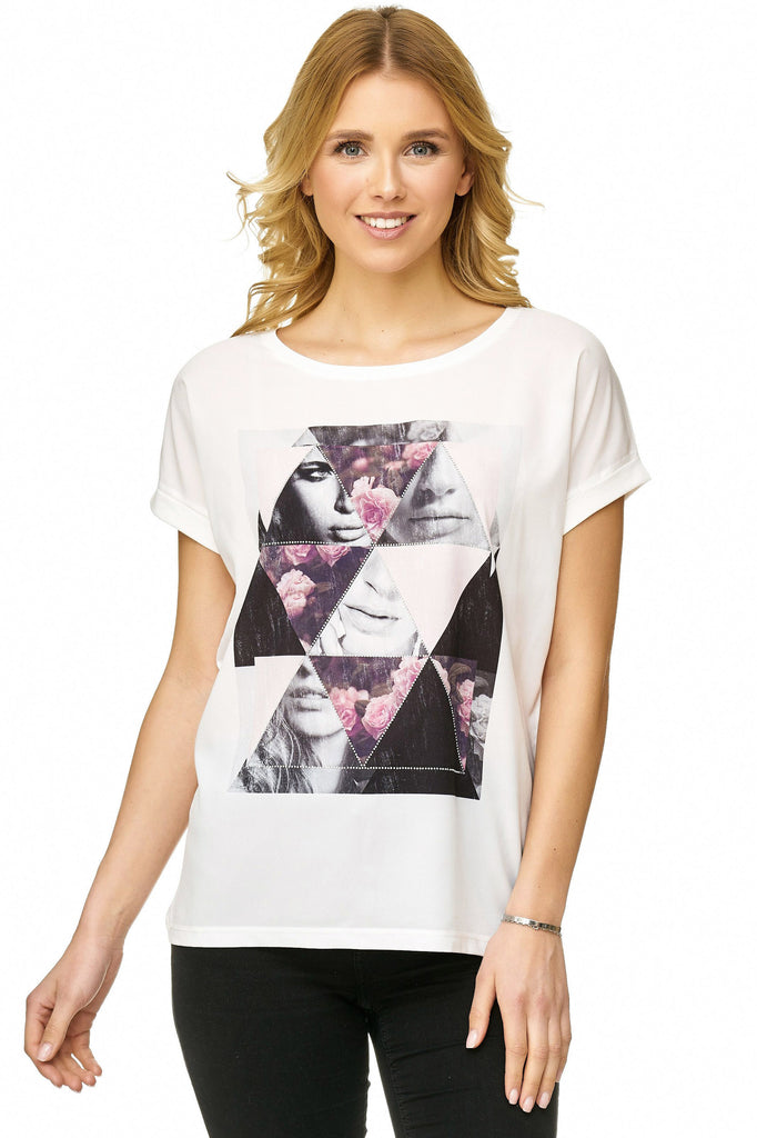 Decay T-Shirt mit coolem Rosen-Aufdruck und Strasssteinen.