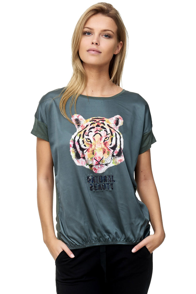 Decay T-Shirt mit Leoparden - Aufdruck und Pailletten.