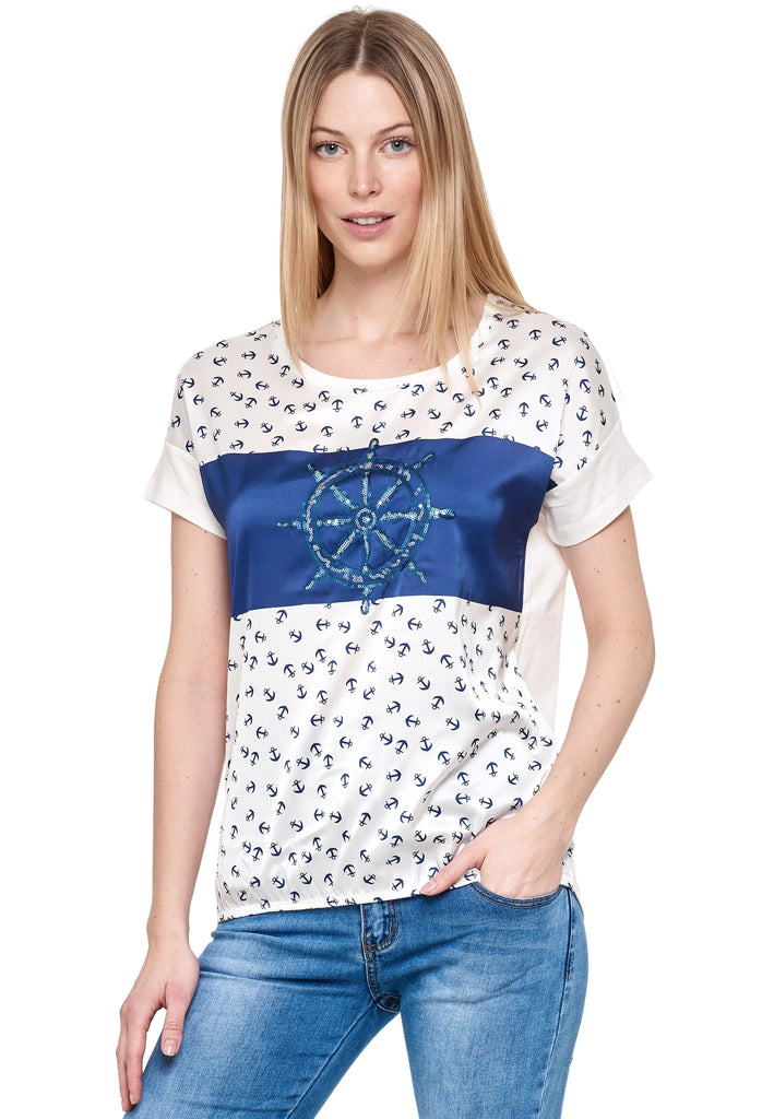 Modevertrieb und GmbH Decay Damenmode – Decay T-Shirt Maritimen Pailletten - Anker-Aufdruck mit
