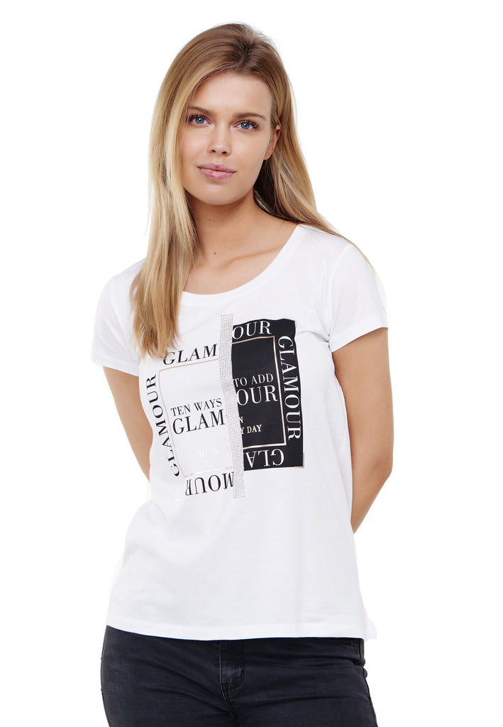 Decay T-shirt mit GmbH - Glitzerdruck Strasssteinen goldfarbenen Modevertrieb Damenmode Decay GLAMOUR- – und Aufdruck